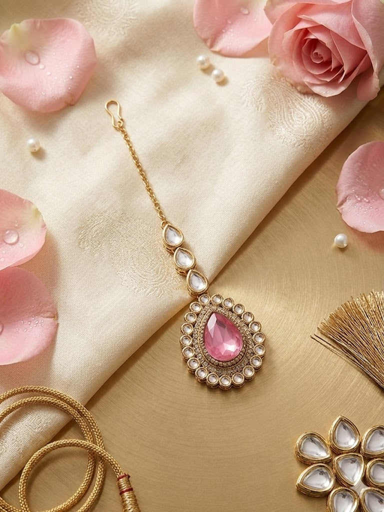 Kundan  Polki and AD Stones Necklace with Pink Stone Pendant