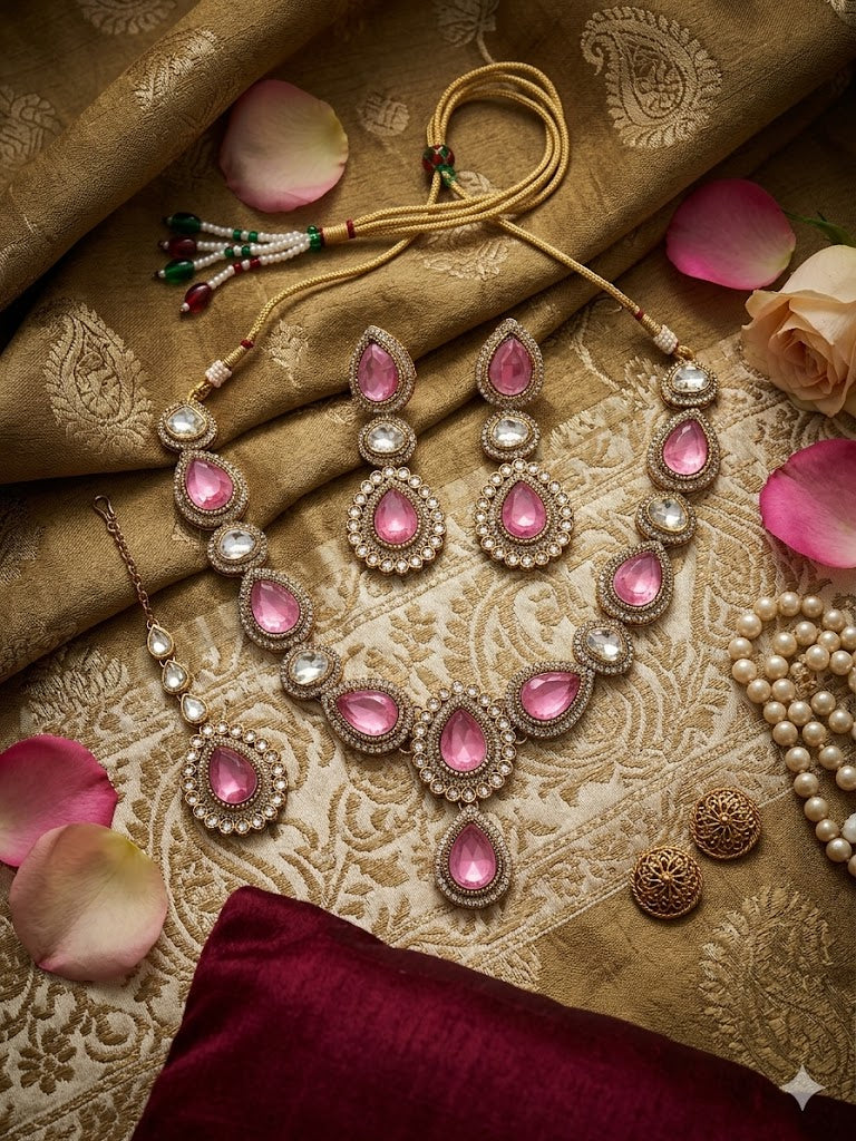Kundan  Polki and AD Stones Necklace with Pink Stone Pendant