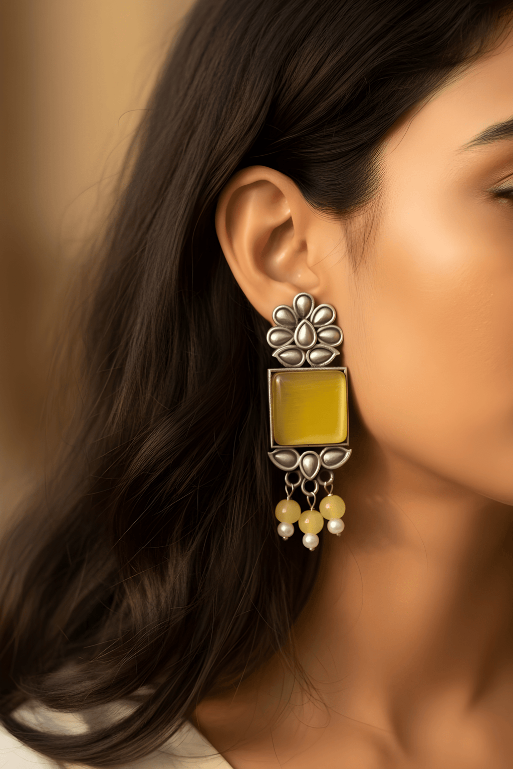 Monalisa Stone Oxidised Silver Replica Yellow Studs - Nishkarsh the royal radiance