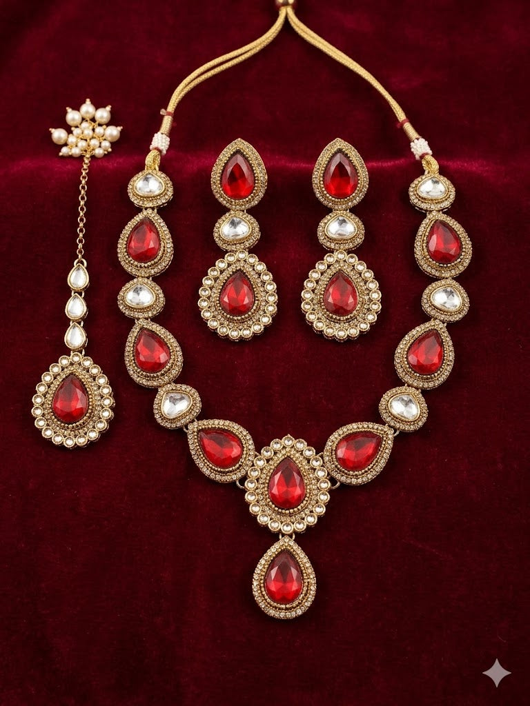 Kundan  Polki and AD Stones Necklace with Red Stone Pendant