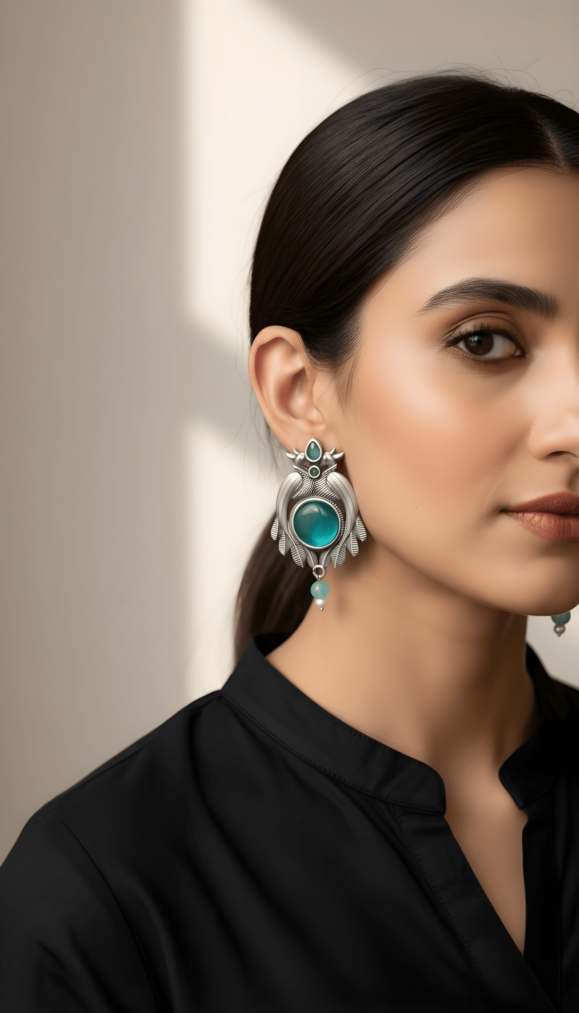 Monalisa Stone Oxidised Silver Replica Sea Green Studs - Nishkarsh the royal radiance