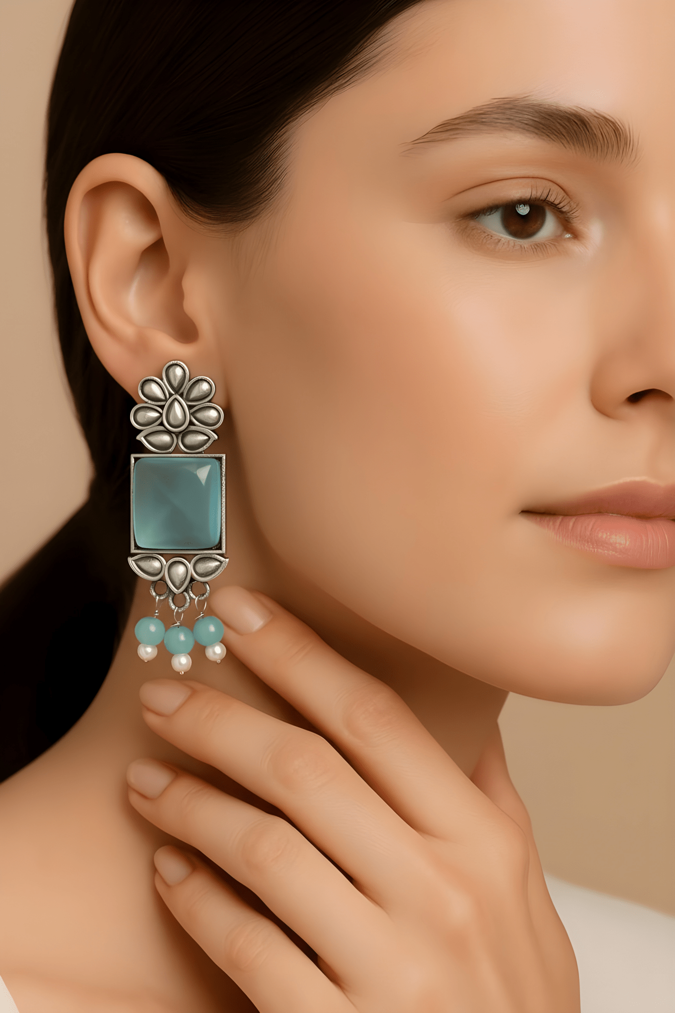 Monalisa Stone Oxidised Silver Replica Light Blue Studs - Nishkarsh the royal radiance