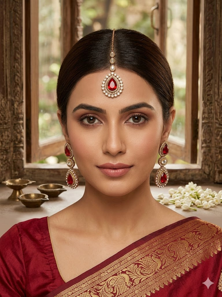Kundan  Polki and AD Stones Necklace with Red Stone Pendant