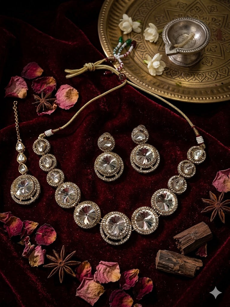 Kundan  Polki and AD Stones Necklace with White Stone Pendant