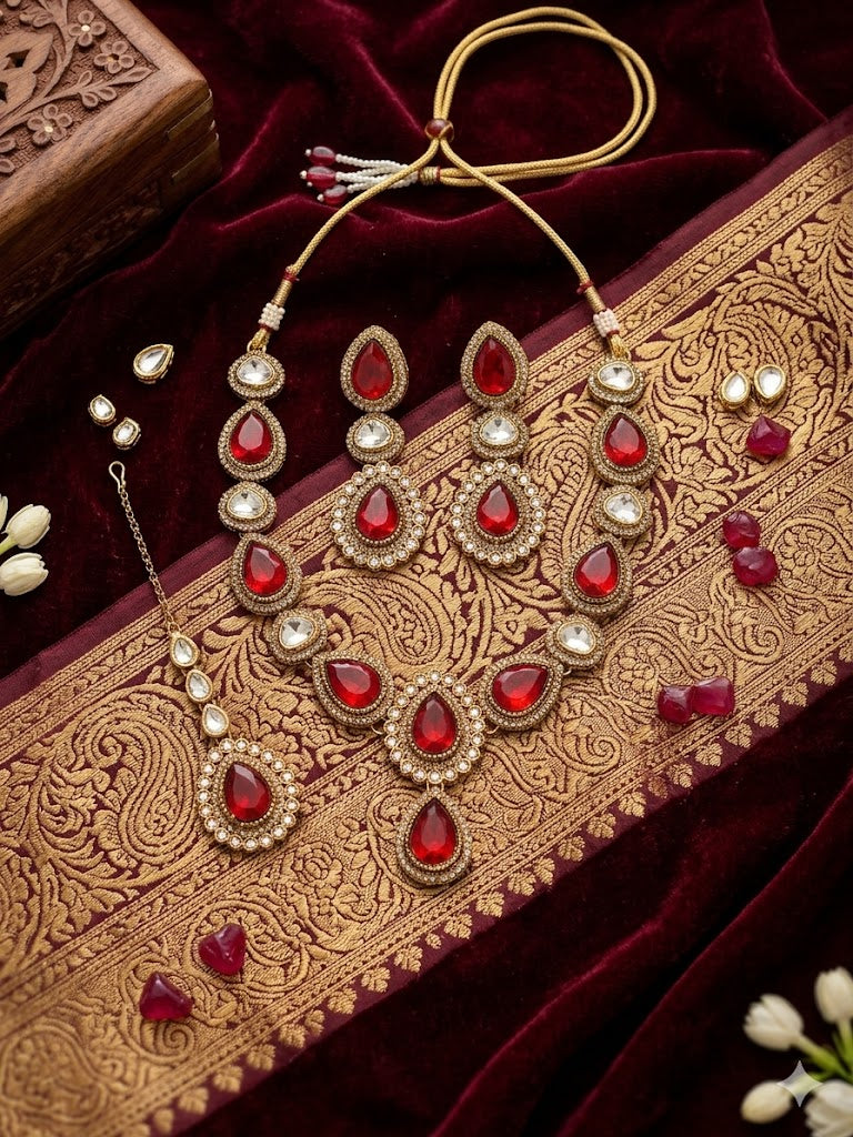 Kundan  Polki and AD Stones Necklace with Red Stone Pendant