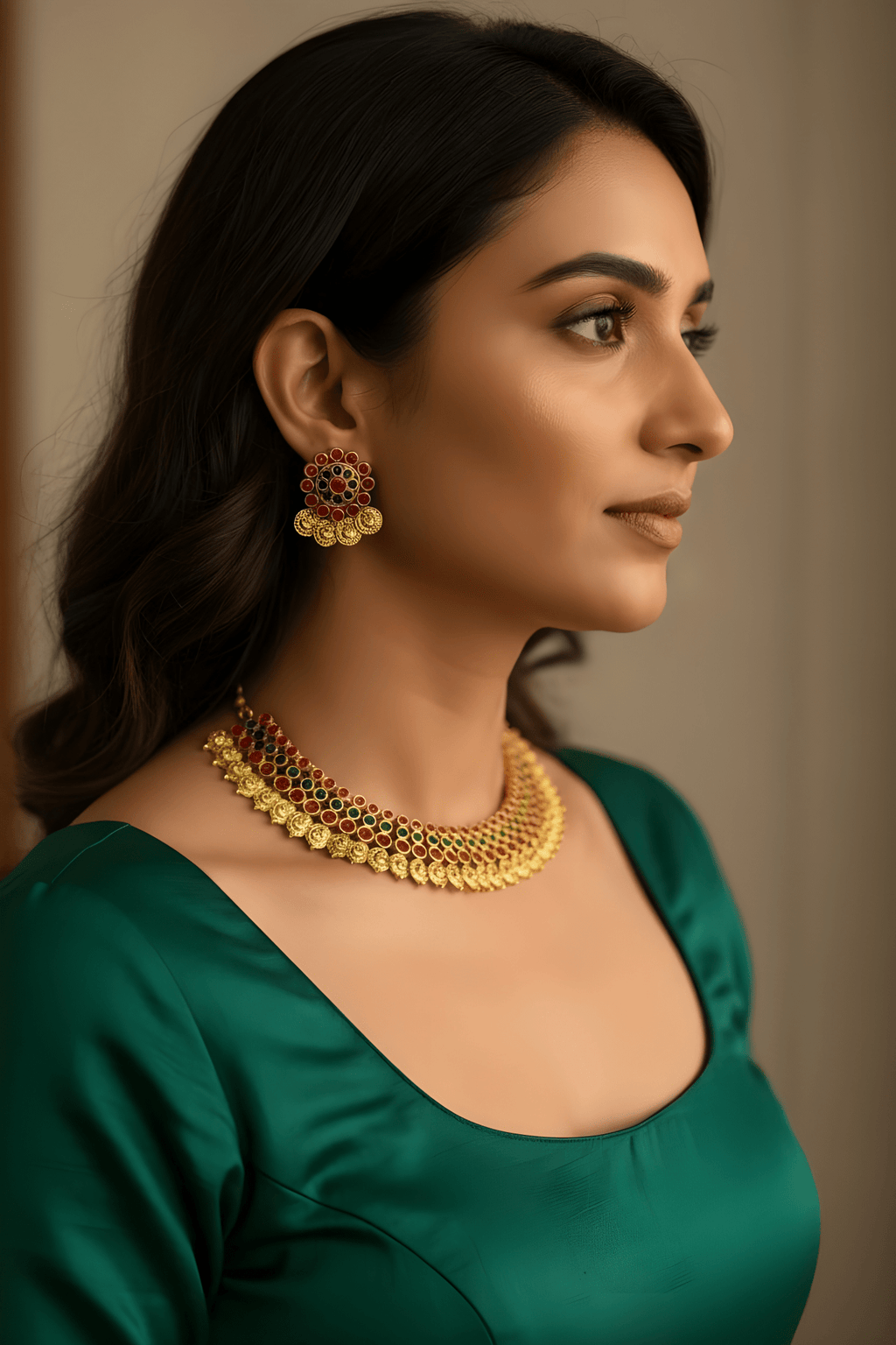 Handmade kemp ruby emerald stone lakshmi kasumalai nagas necklace set with studs - Nishkarsh the royal radiance
