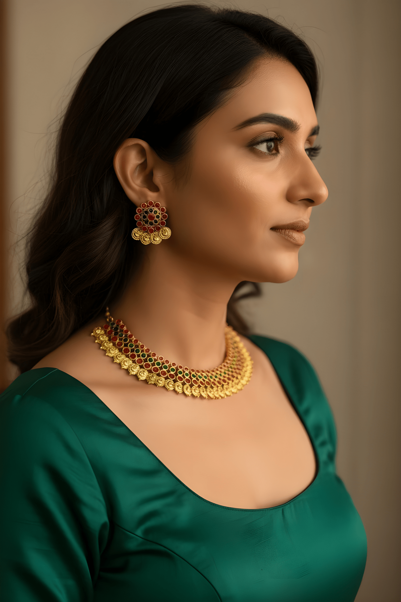 Handmade kemp ruby emerald stone lakshmi kasumalai nagas necklace set with studs - Nishkarsh the royal radiance