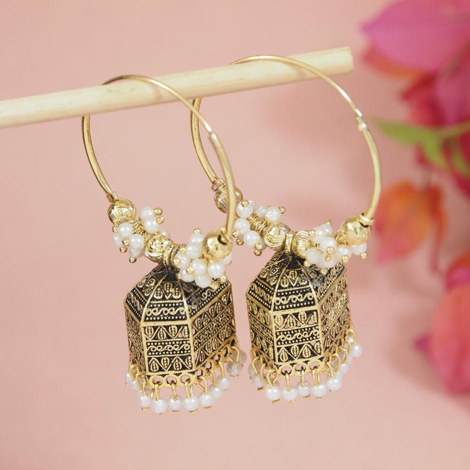 Afghani Style Fancy Design Oxidised Gold Jhumka Earrings - Nishkarsh the royal radiance