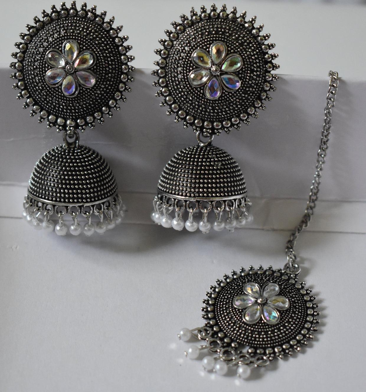 Oxidised silver jhumkas with maangtika,1 pair - Nishkarsh the royal radiance