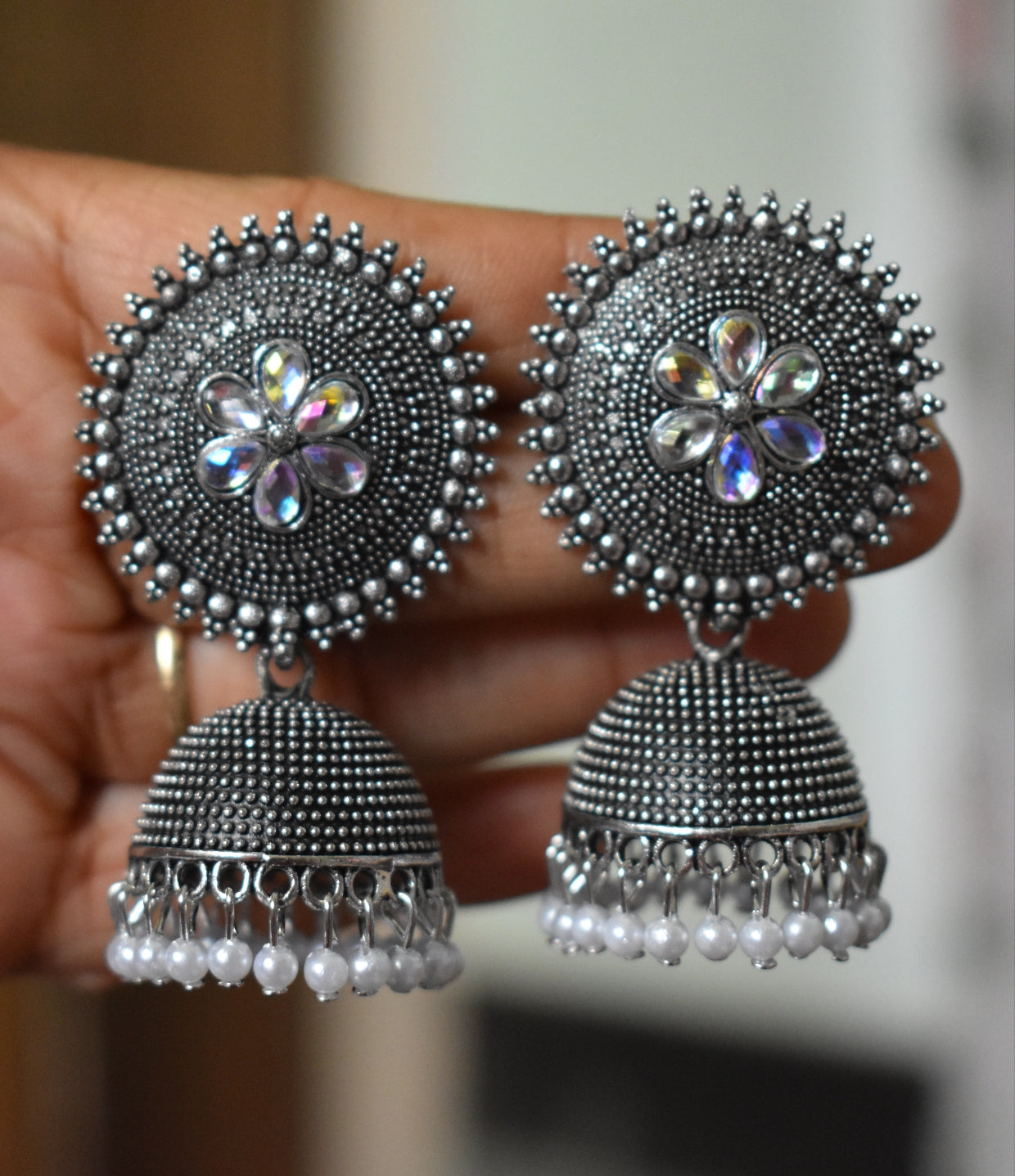 Oxidised silver jhumkas with maangtika,1 pair - Nishkarsh the royal radiance