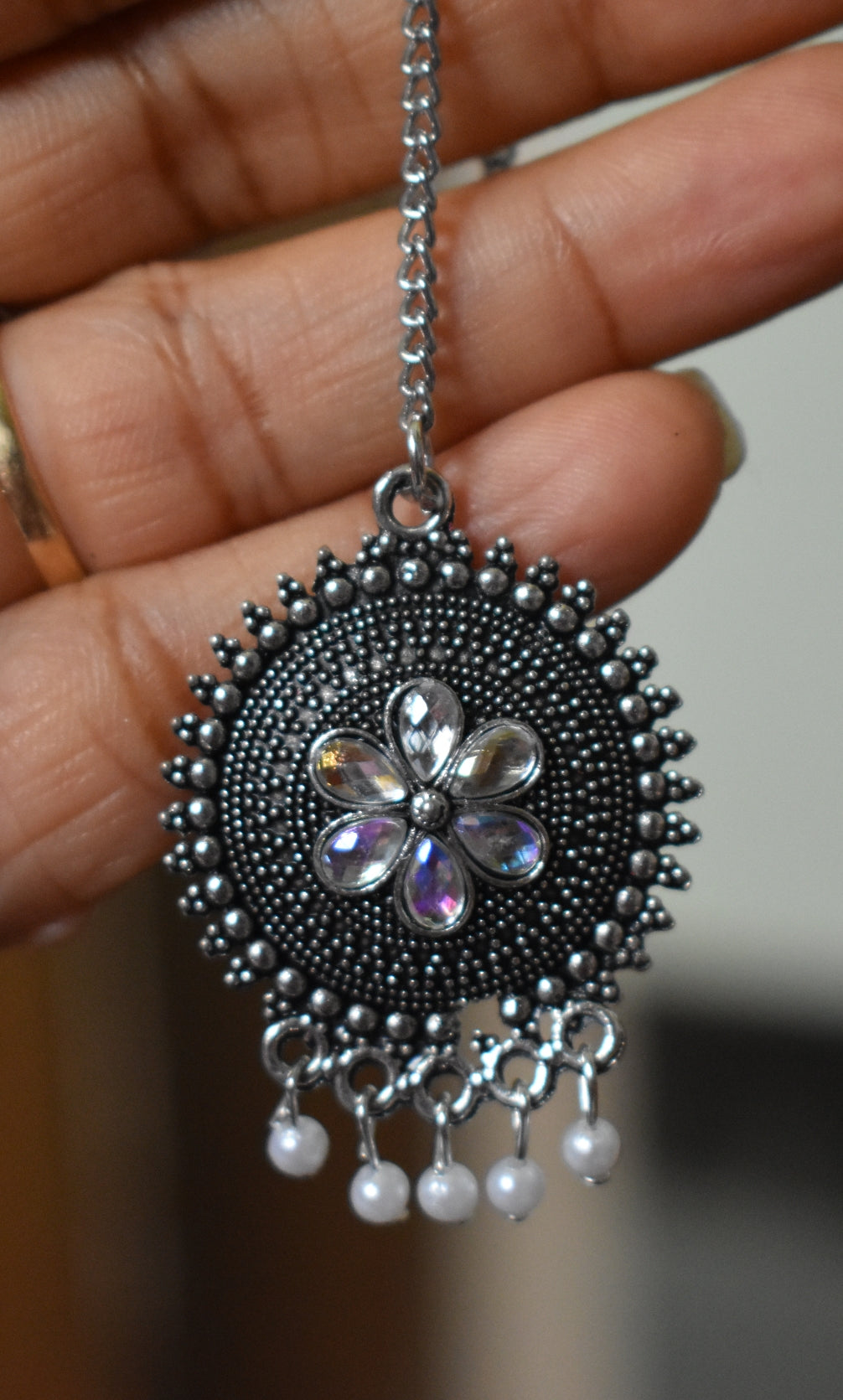 Oxidised silver jhumkas with maangtika,1 pair - Nishkarsh the royal radiance