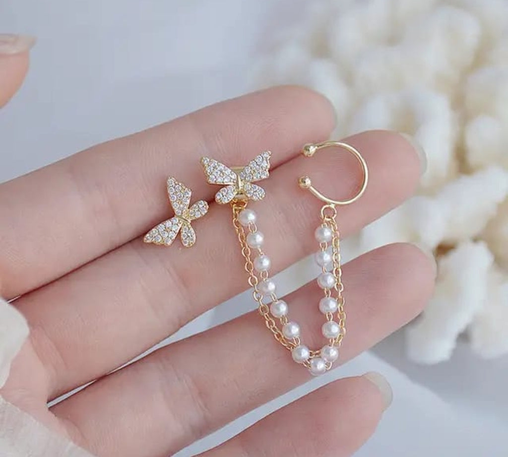 Butterfly pearl chain with earbone clip earrings - Nishkarsh the royal radiance