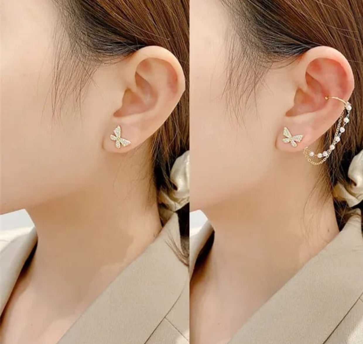 Butterfly pearl chain with earbone clip earrings - Nishkarsh the royal radiance