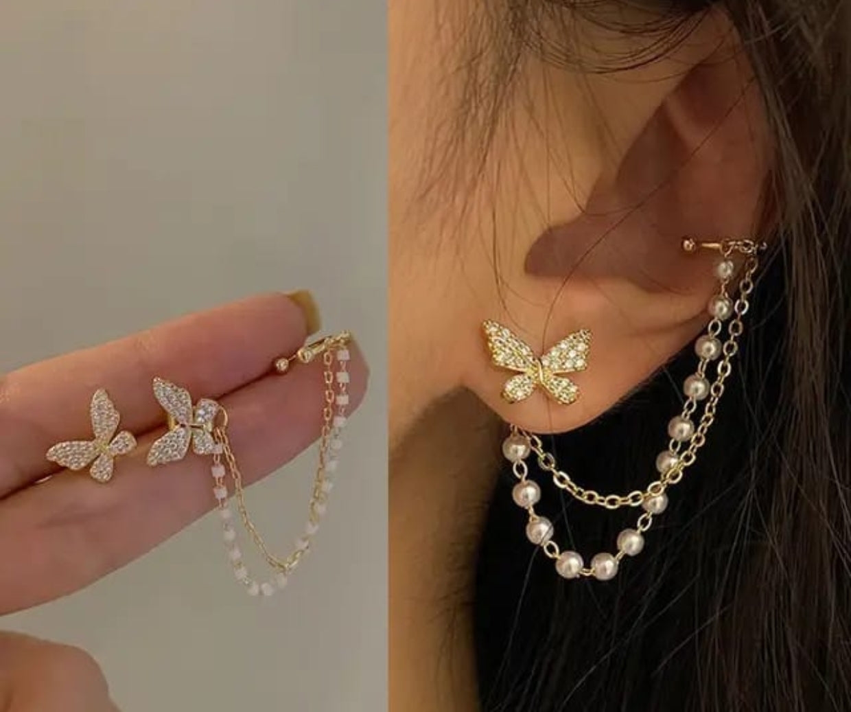 Butterfly pearl chain with earbone clip earrings - Nishkarsh the royal radiance
