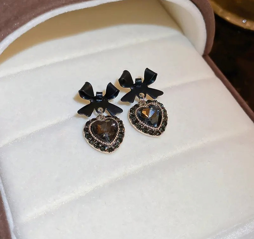 Black bowknot rhinestone drop earrings - Nishkarsh the royal radiance