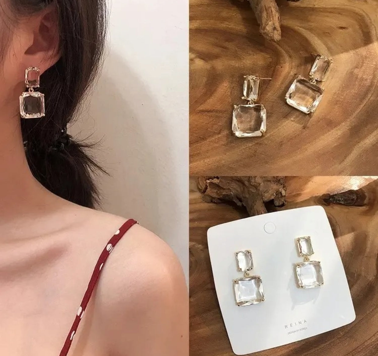 Geometric  double square ice crystal drop earrings - Nishkarsh the royal radiance