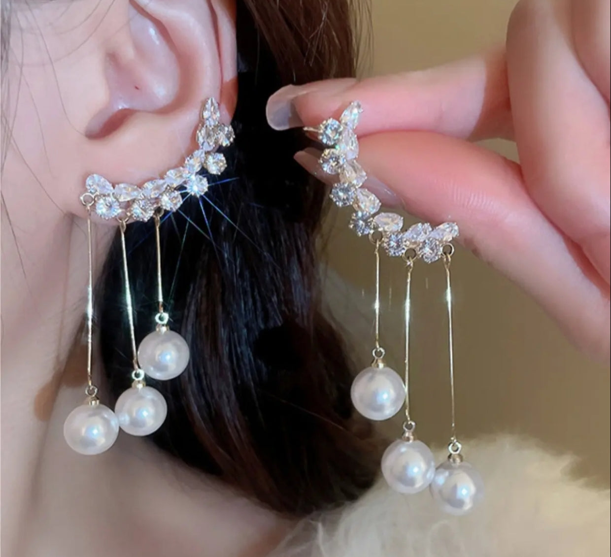 Zircon & pearl ear cuffs with chain - Nishkarsh the royal radiance