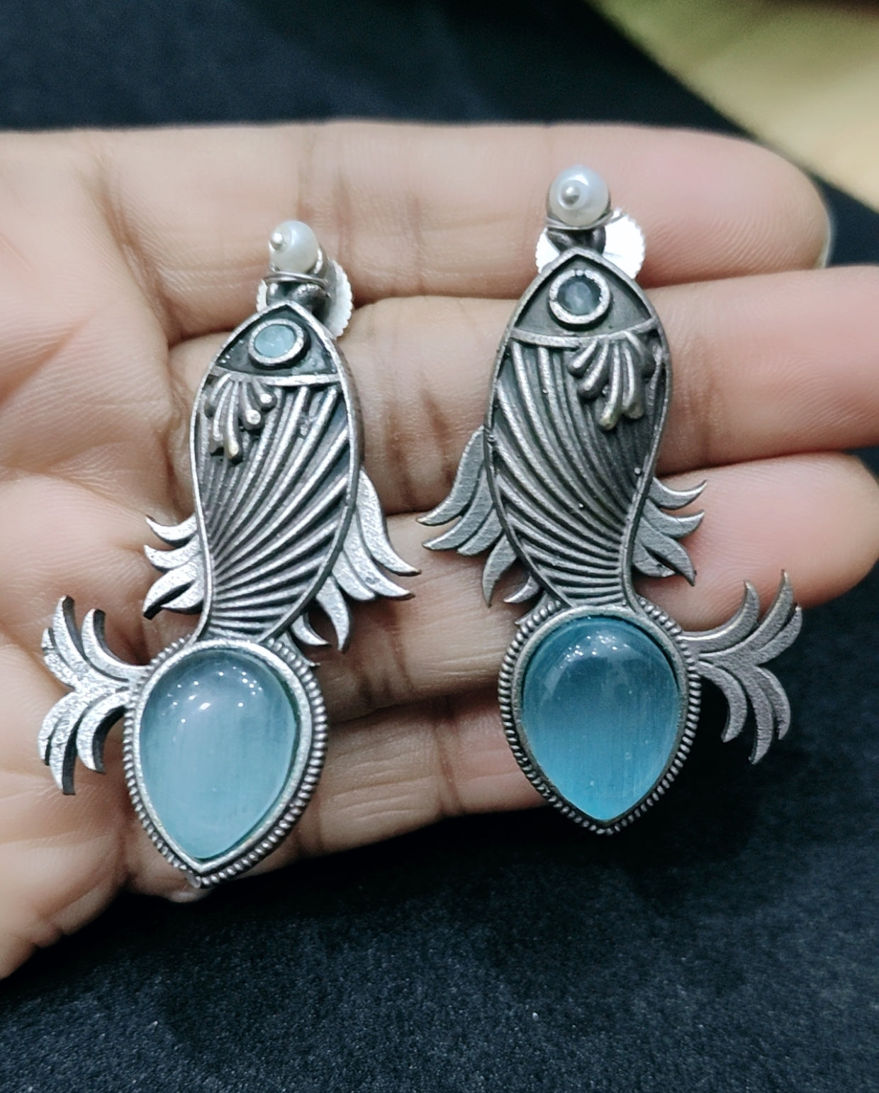 Oxidised silver fish theme monalisa stone earrings - Nishkarsh the royal radiance