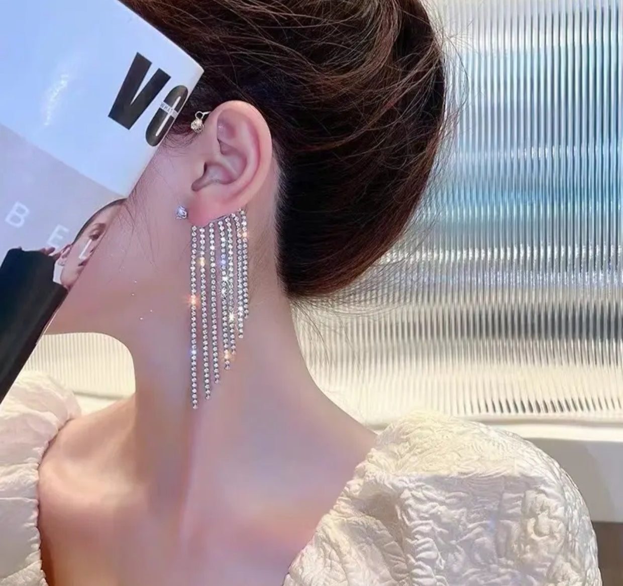 Long rhinestone chain C shaped cuff earrings - Nishkarsh the royal radiance