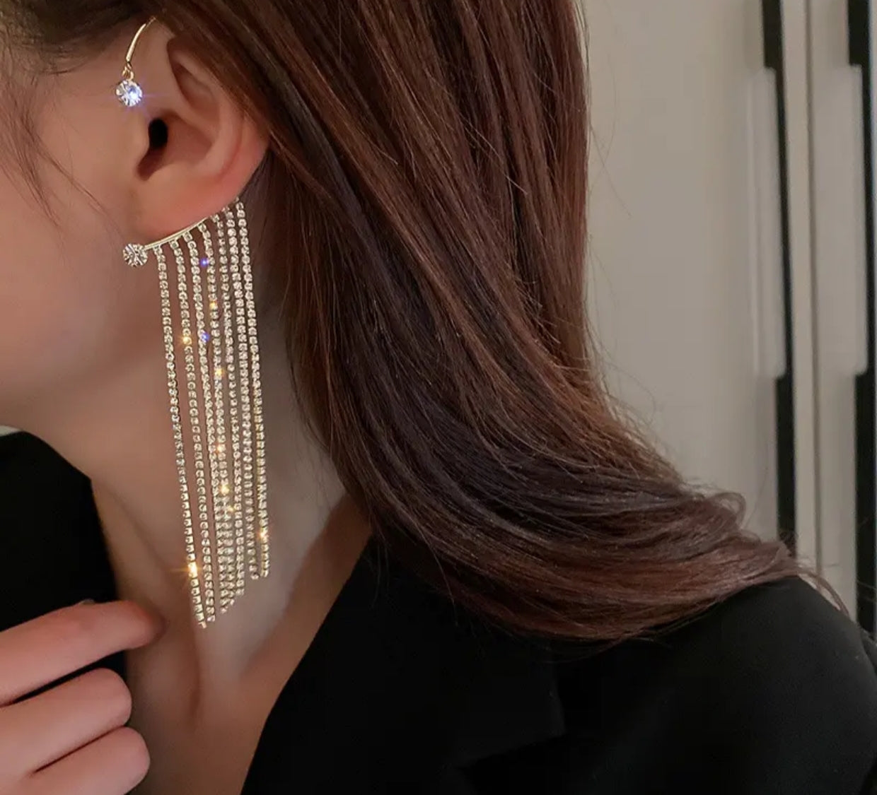 Long rhinestone chain C shaped cuff earrings - Nishkarsh the royal radiance