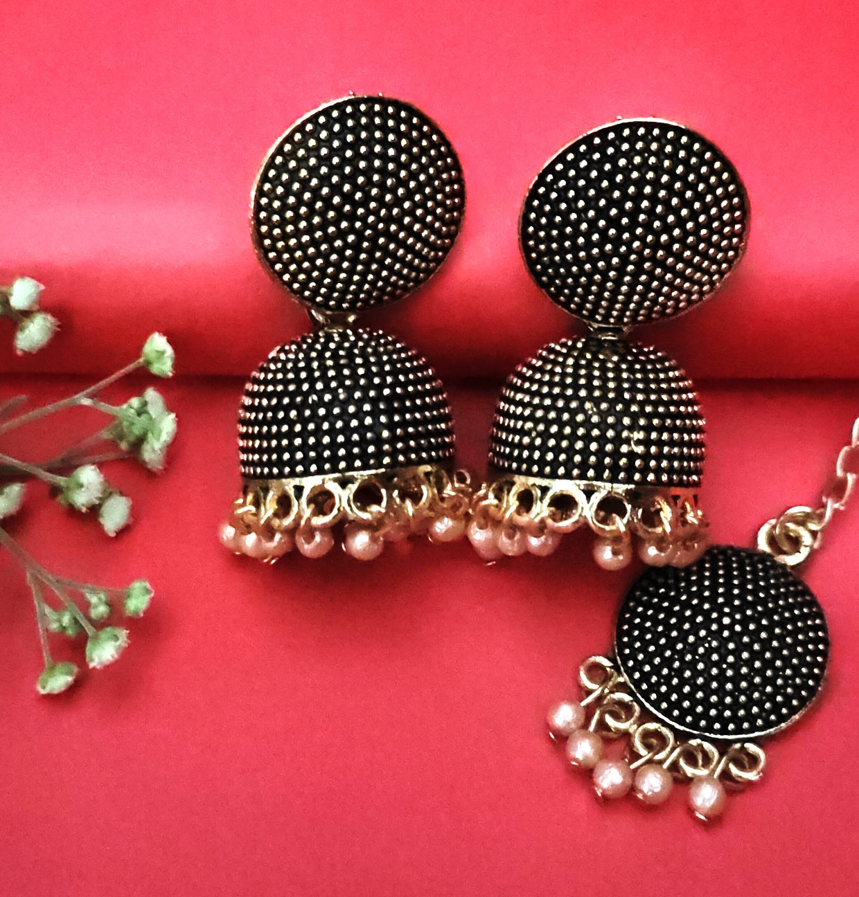 Oxidised gold jhumkas with maangtika,1 pair - Nishkarsh the royal radiance