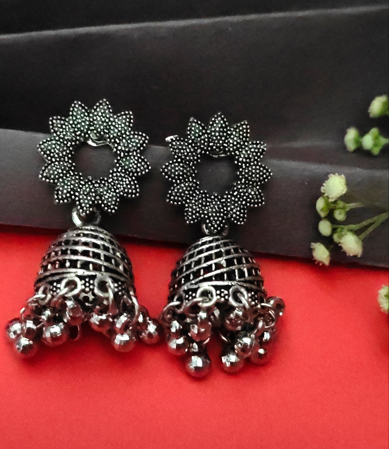 Oxidised silver jhumkas,1 pair - Nishkarsh the royal radiance