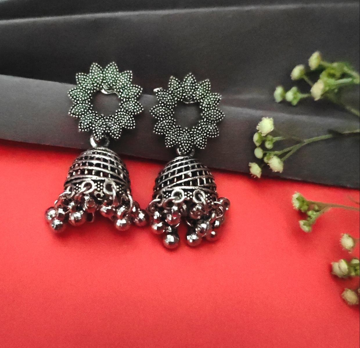 Oxidised silver jhumkas,1 pair - Nishkarsh the royal radiance