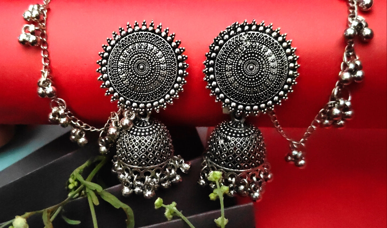 Oxidised silver jhumkas, 1 pair - Nishkarsh the royal radiance