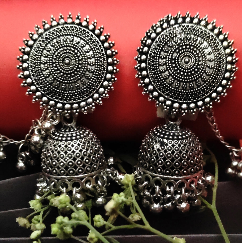 Oxidised silver jhumkas, 1 pair - Nishkarsh the royal radiance