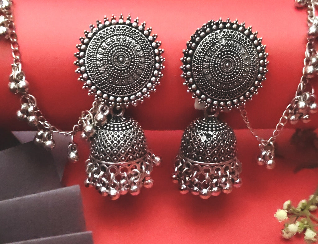 Oxidised silver jhumkas, 1 pair - Nishkarsh the royal radiance