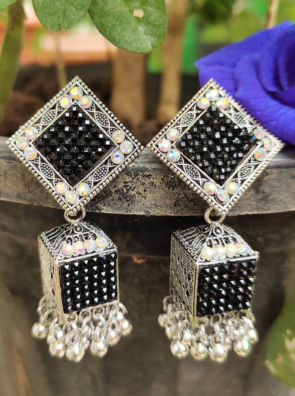 Oxidised silver geometric pattern jhumka - Nishkarsh the royal radiance