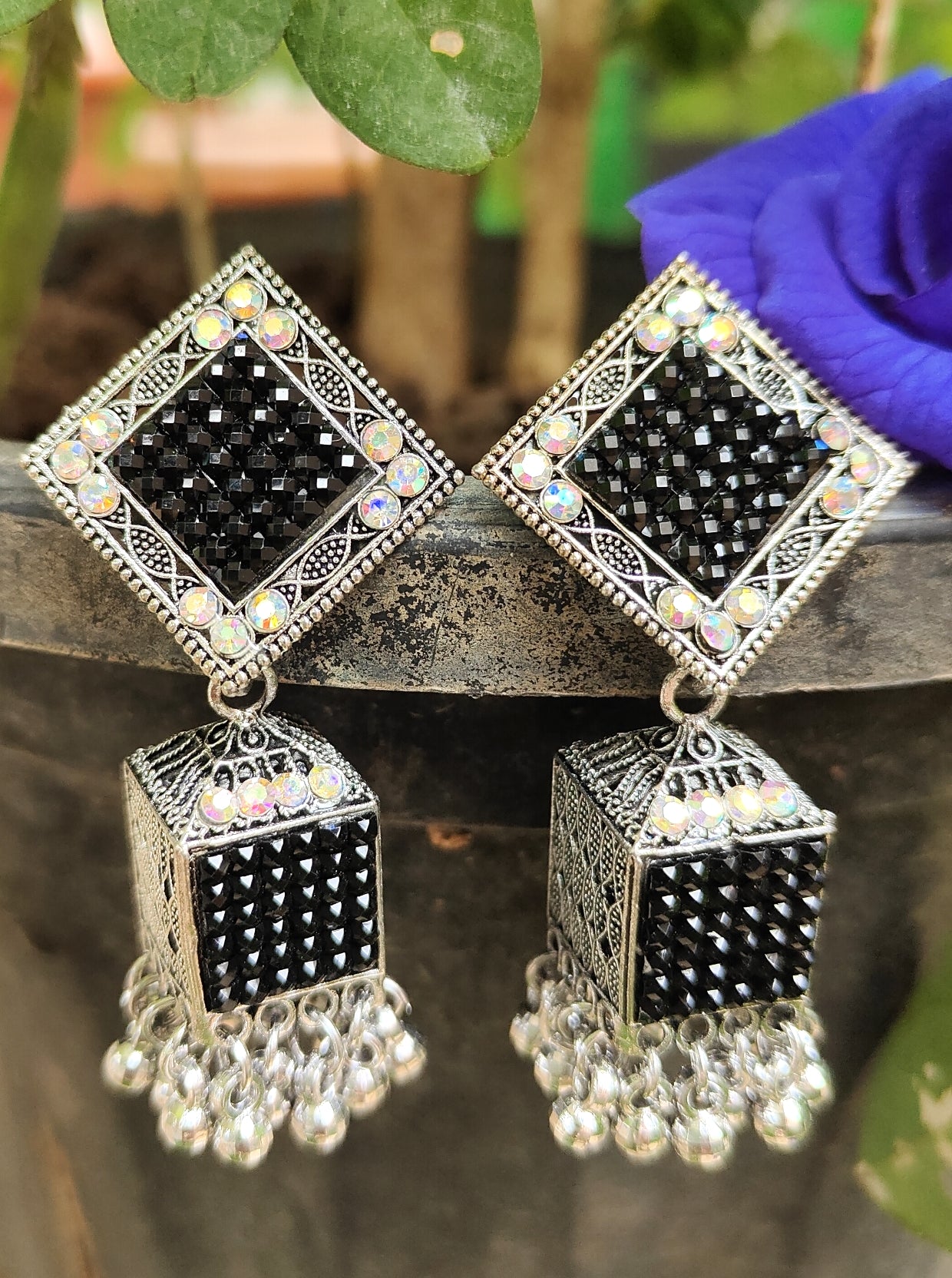 Oxidised silver geometric pattern jhumka - Nishkarsh the royal radiance