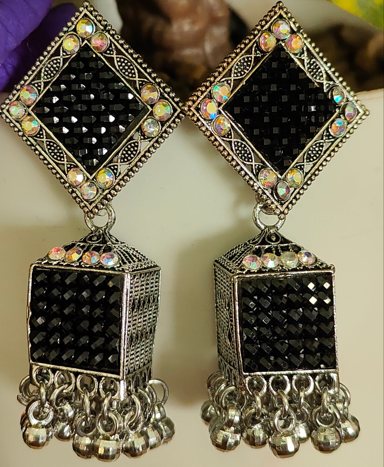 Oxidised silver geometric pattern jhumka - Nishkarsh the royal radiance