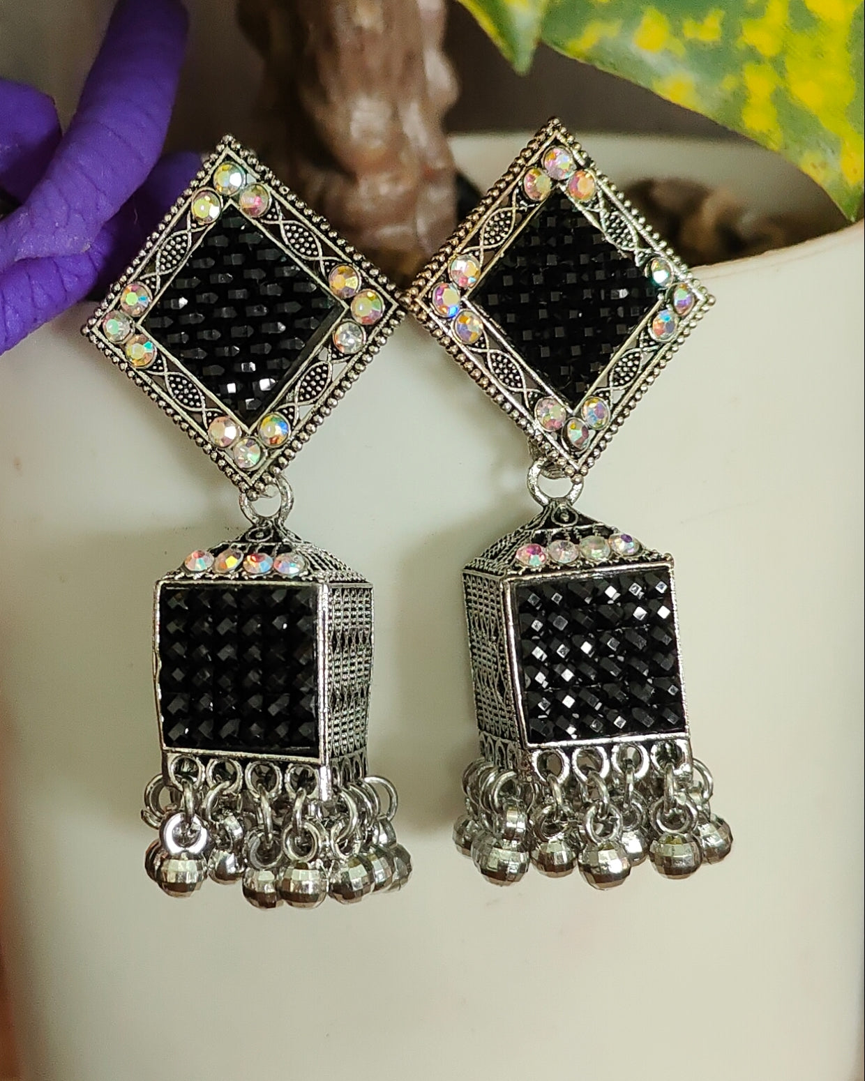 Oxidised silver geometric pattern jhumka - Nishkarsh the royal radiance