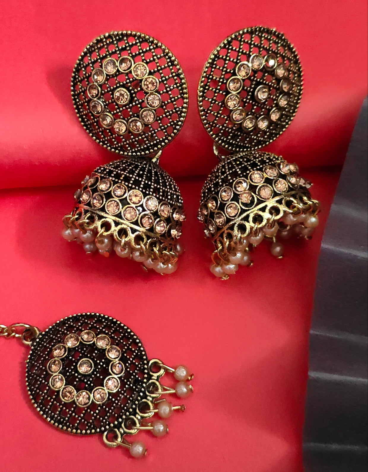 Oxidised gold jhumkas with maangtika - Nishkarsh the royal radiance