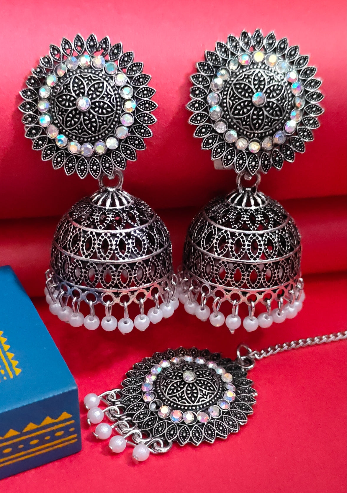 Oxidised silver jhumkas with maangtika - Nishkarsh the royal radiance