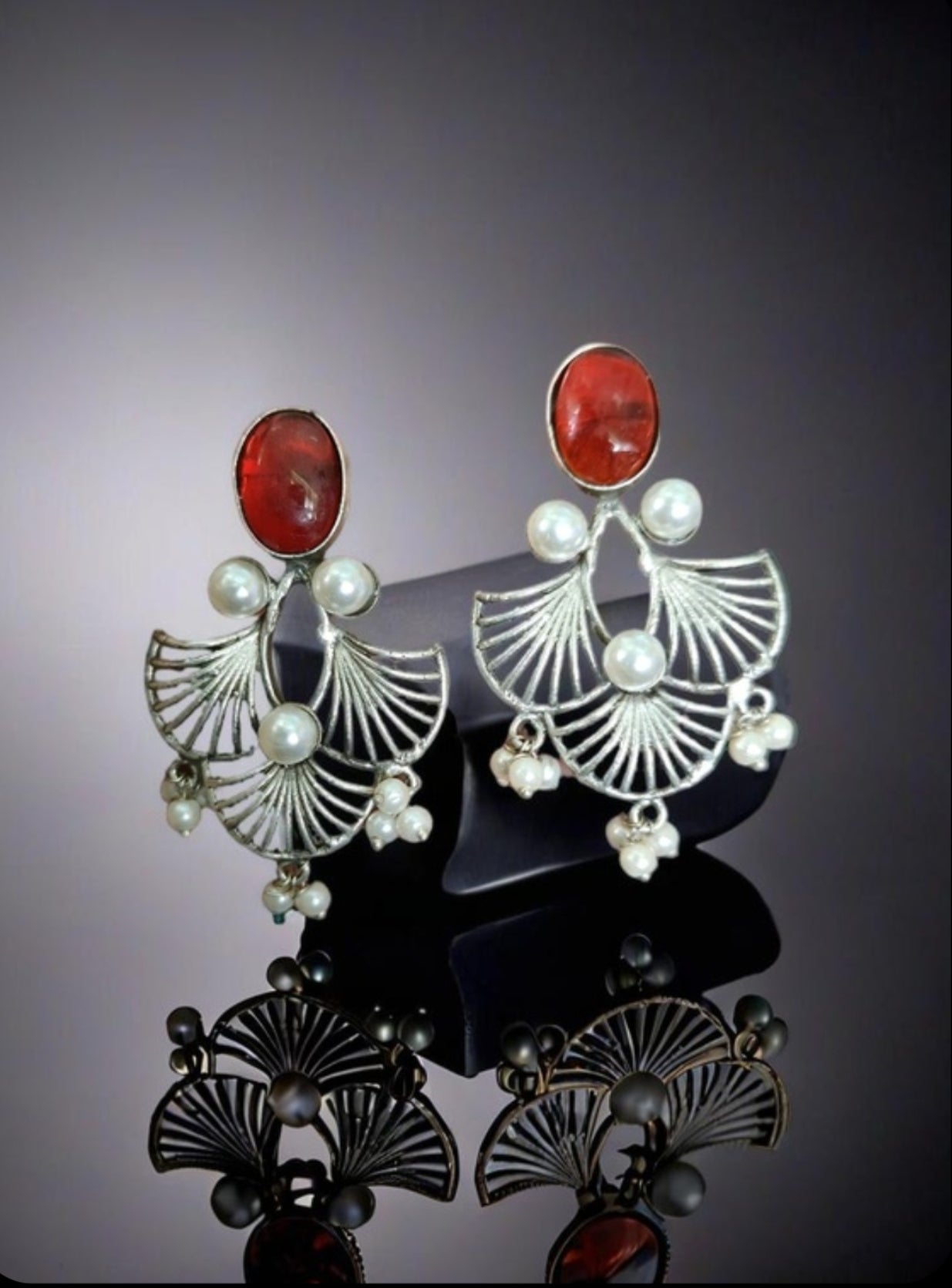 Monalisa Stone Oxidised Silver Replica Red Colour Studs - Nishkarsh the royal radiance