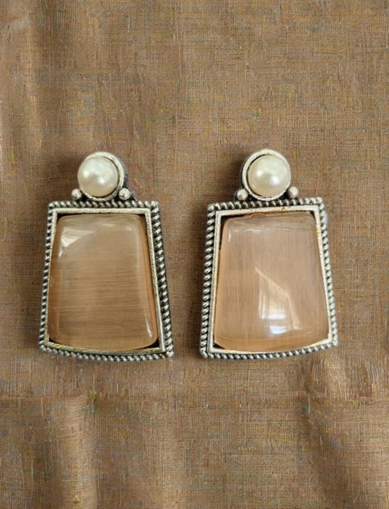 Monalisa Stone Oxidised Silver Replica Beige Colour Studs - Nishkarsh the royal radiance