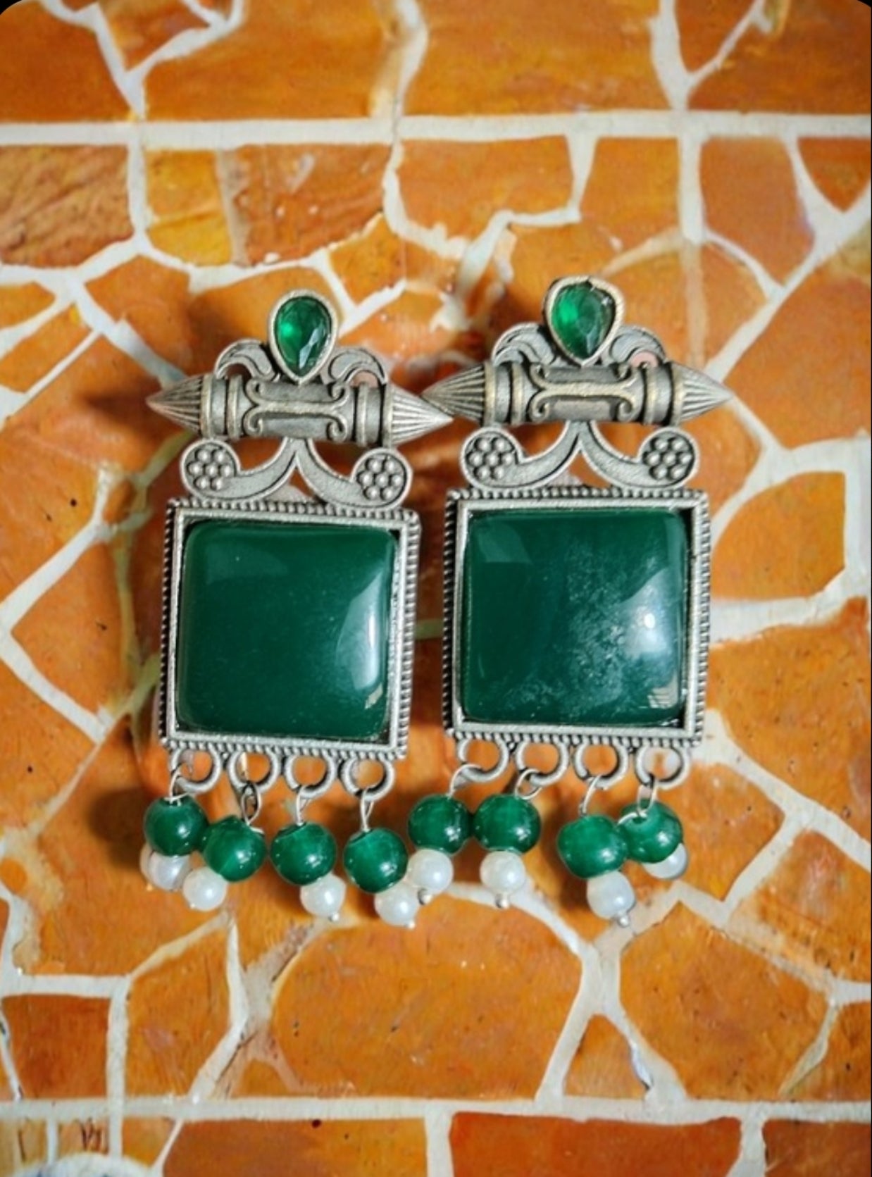 Monalisa Stone Oxidised Silver Replica Green Colour Studs - Nishkarsh the royal radiance