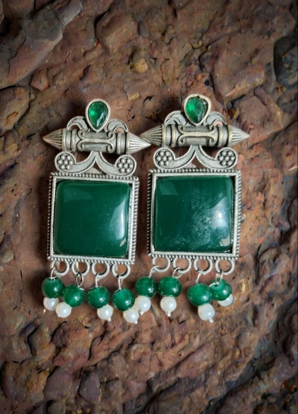 Monalisa Stone Oxidised Silver Replica Green Colour Studs - Nishkarsh the royal radiance