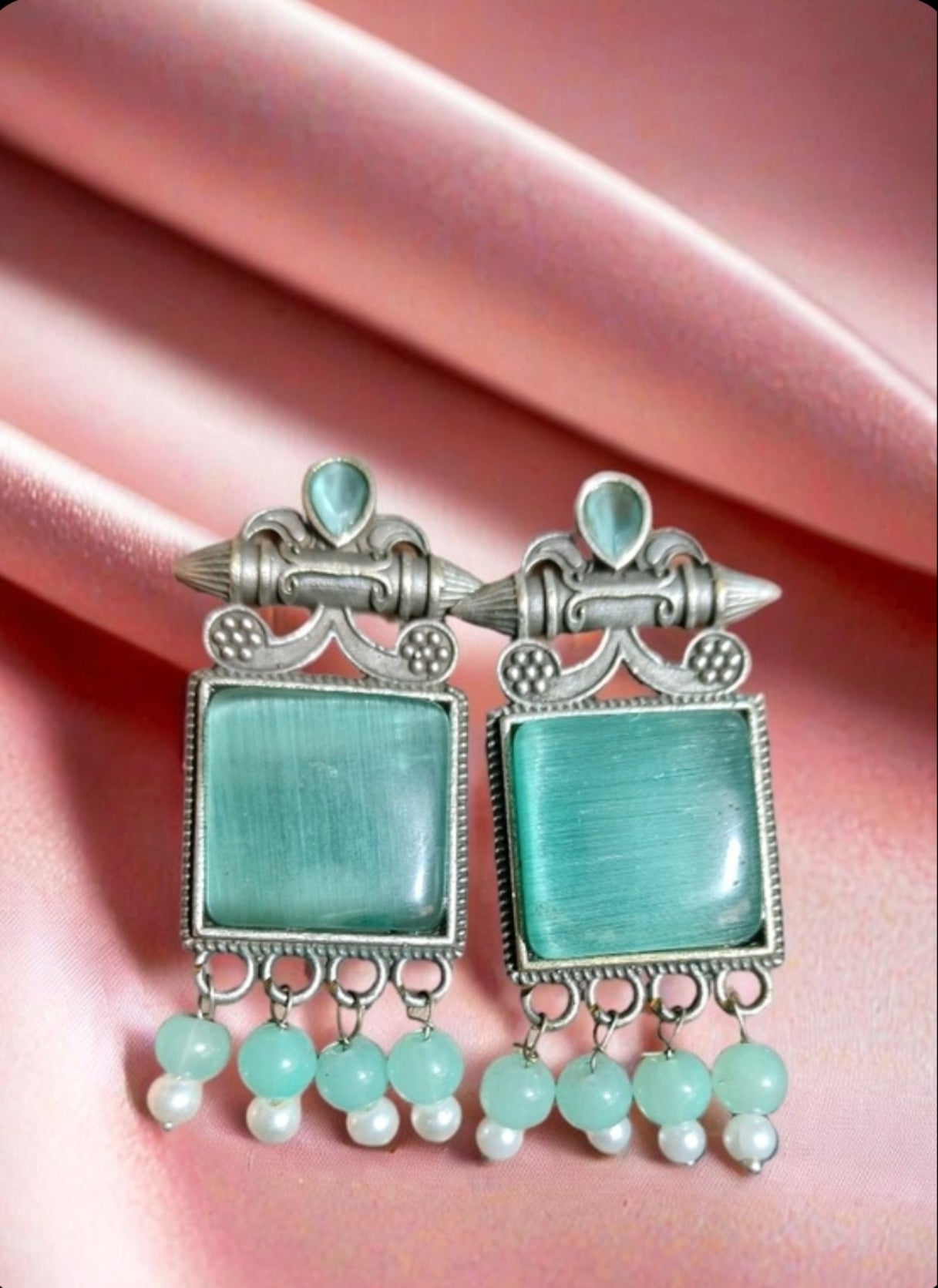 Monalisa Stone Oxidised Silver Replica Sea Green Colour Studs - Nishkarsh the royal radiance
