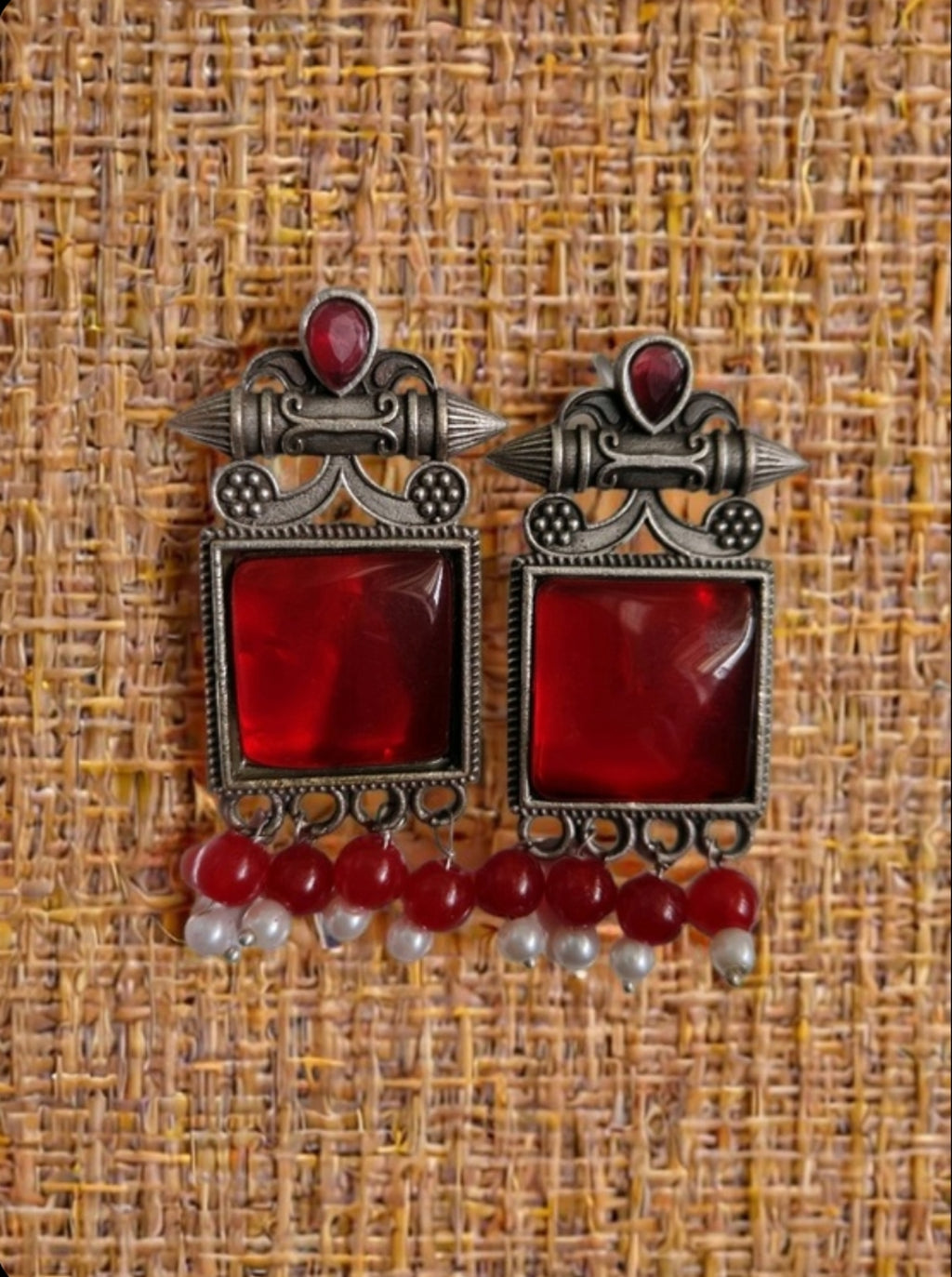 Monalisa Stone Oxidised Silver Replica Red Colour Studs - Nishkarsh the royal radiance