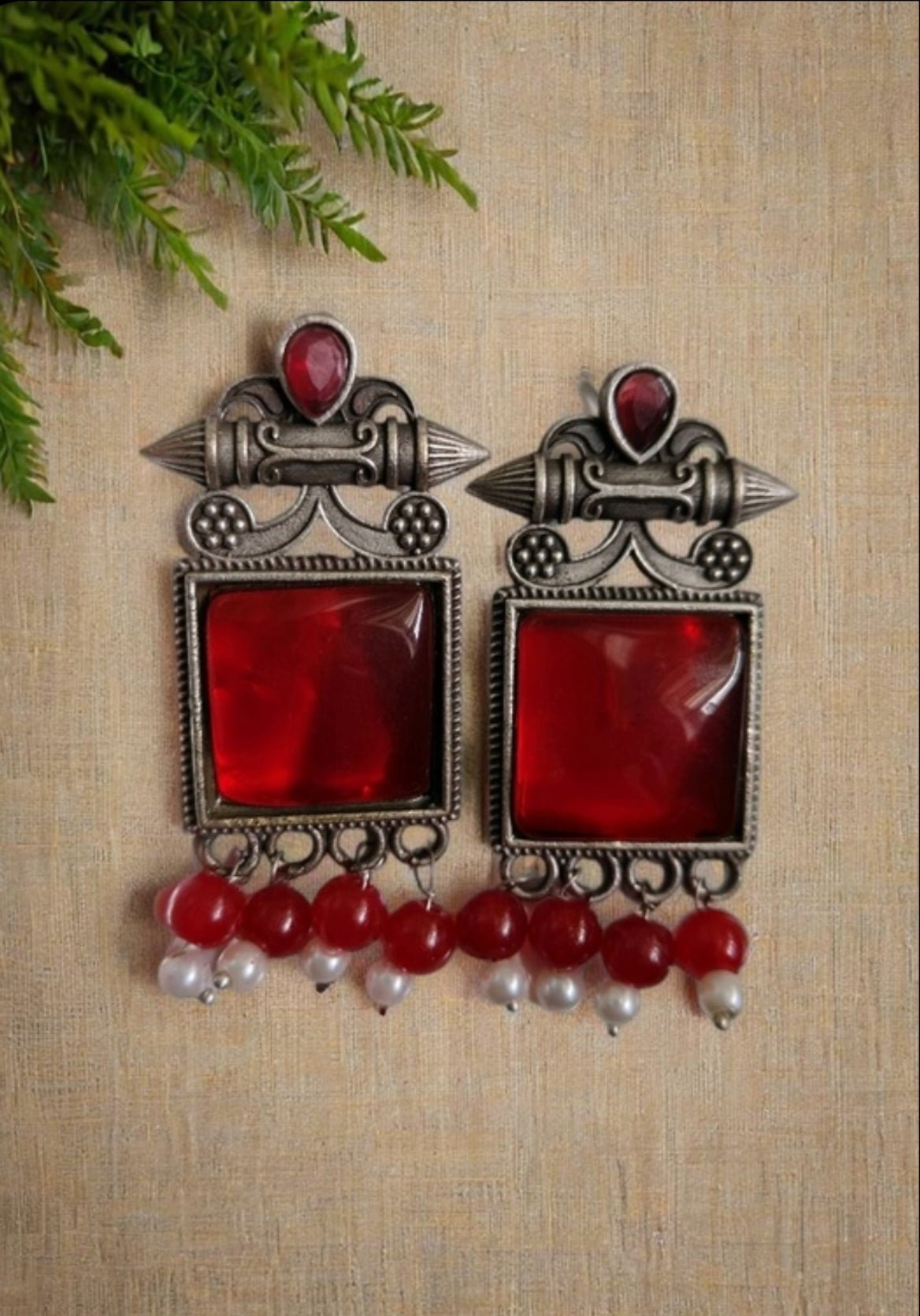 Monalisa Stone Oxidised Silver Replica Red Colour Studs - Nishkarsh the royal radiance