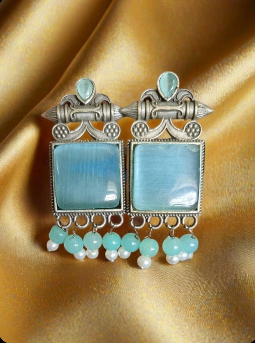 Monalisa Stone Oxidised Silver Replica Light Blue Colour Studs - Nishkarsh the royal radiance