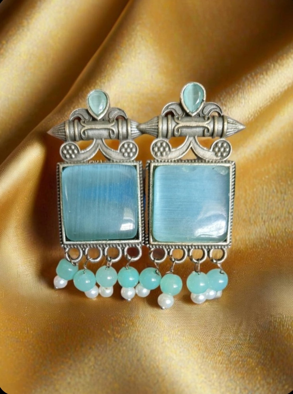 Monalisa Stone Oxidised Silver Replica Light Blue Colour Studs - Nishkarsh the royal radiance