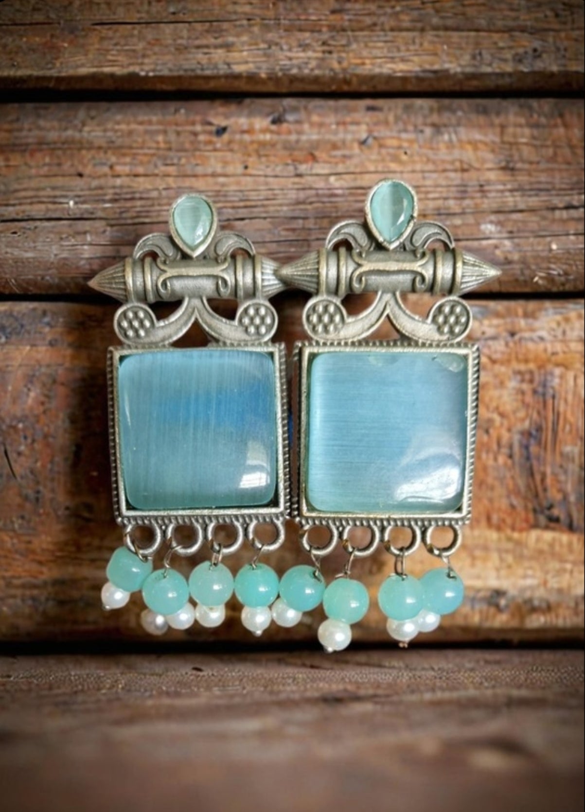 Monalisa Stone Oxidised Silver Replica Light Blue Colour Studs - Nishkarsh the royal radiance