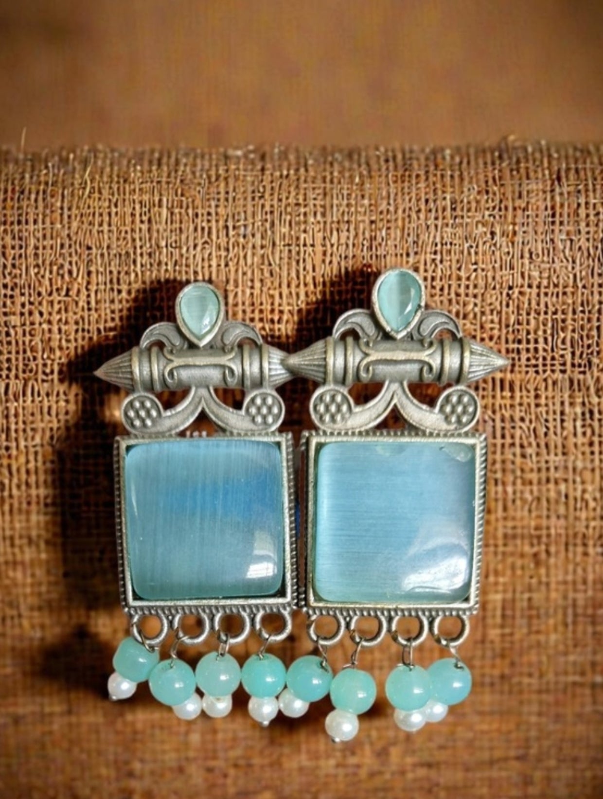 Monalisa Stone Oxidised Silver Replica Light Blue Colour Studs - Nishkarsh the royal radiance