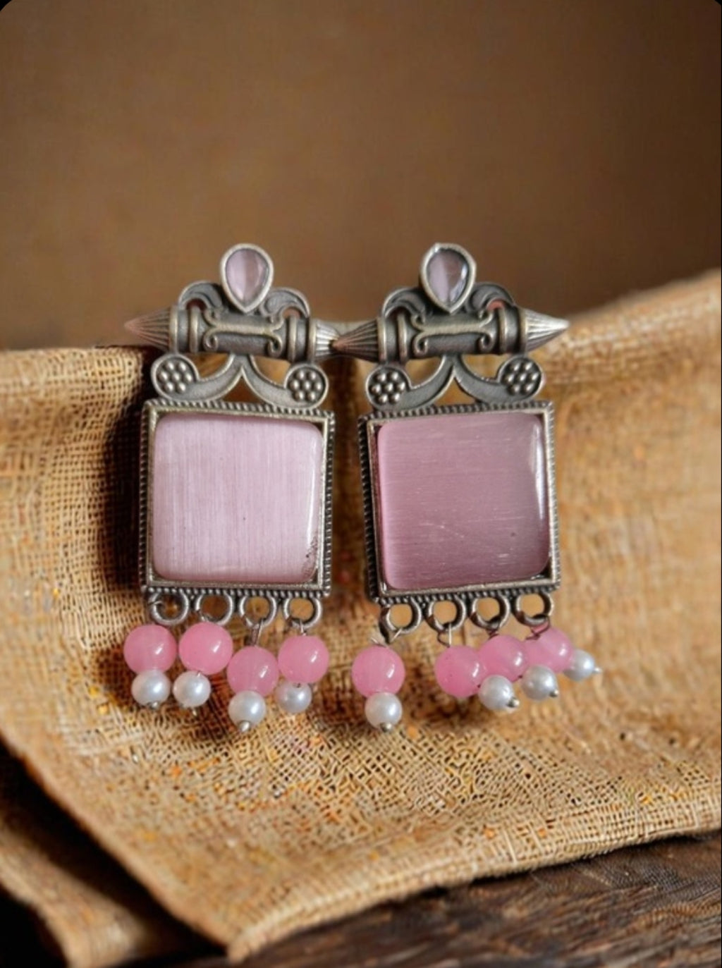 Monalisa Stone Oxidised Silver Replica Light Pink Colour Studs - Nishkarsh the royal radiance