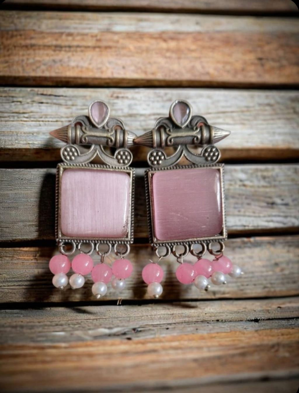 Monalisa Stone Oxidised Silver Replica Light Pink Colour Studs - Nishkarsh the royal radiance