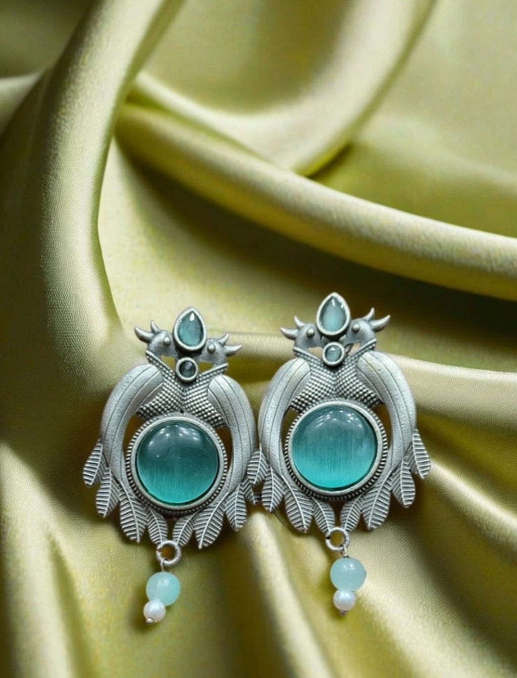 Monalisa Stone Oxidised Silver Replica Sea Green Studs - Nishkarsh the royal radiance